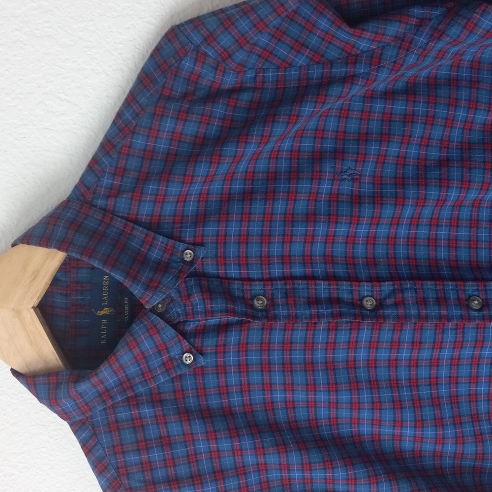 Mens Ralph Lauren Blue and Red Plaid Button Down Shirt Medium